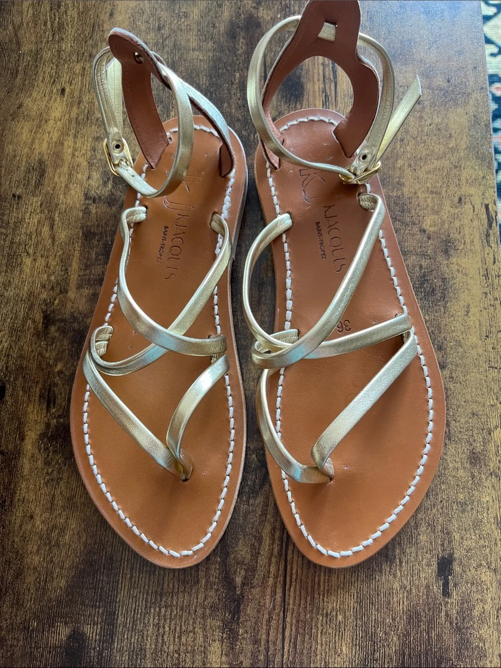 K.Jacques Metallic Gold Leather Strappy Sandals
